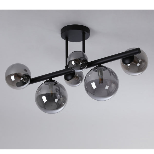 Shute 6lt Semi Flush Ceiling Light in Satin Black & Smoked Plated Glass