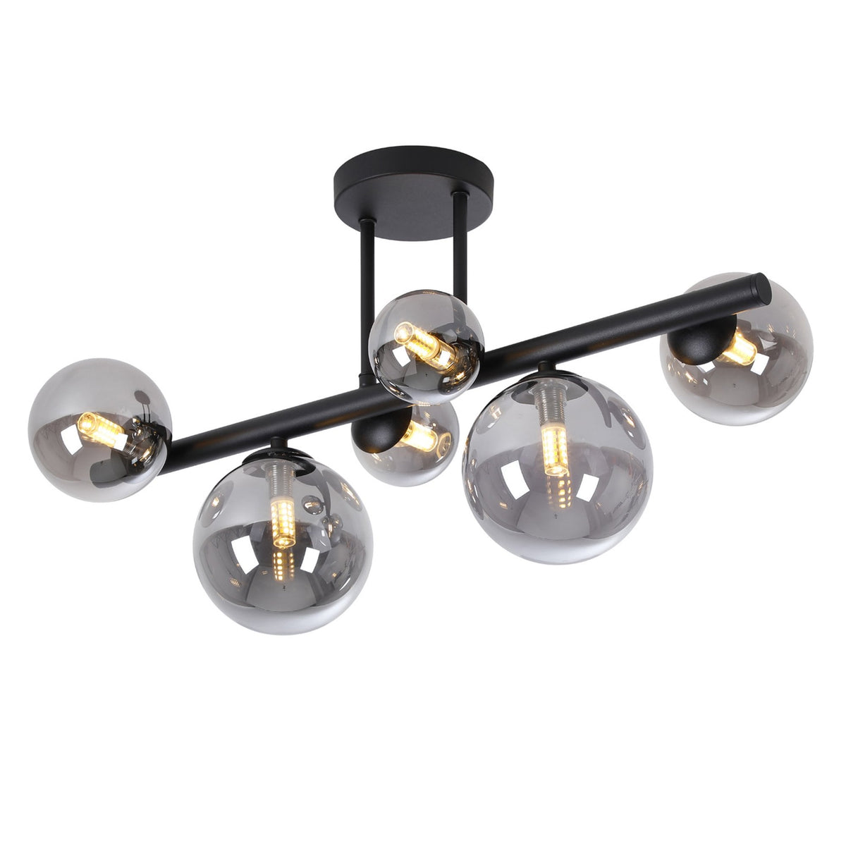 Shute 6lt Semi Flush Ceiling Light in Satin Black & Smoked Plated Glass