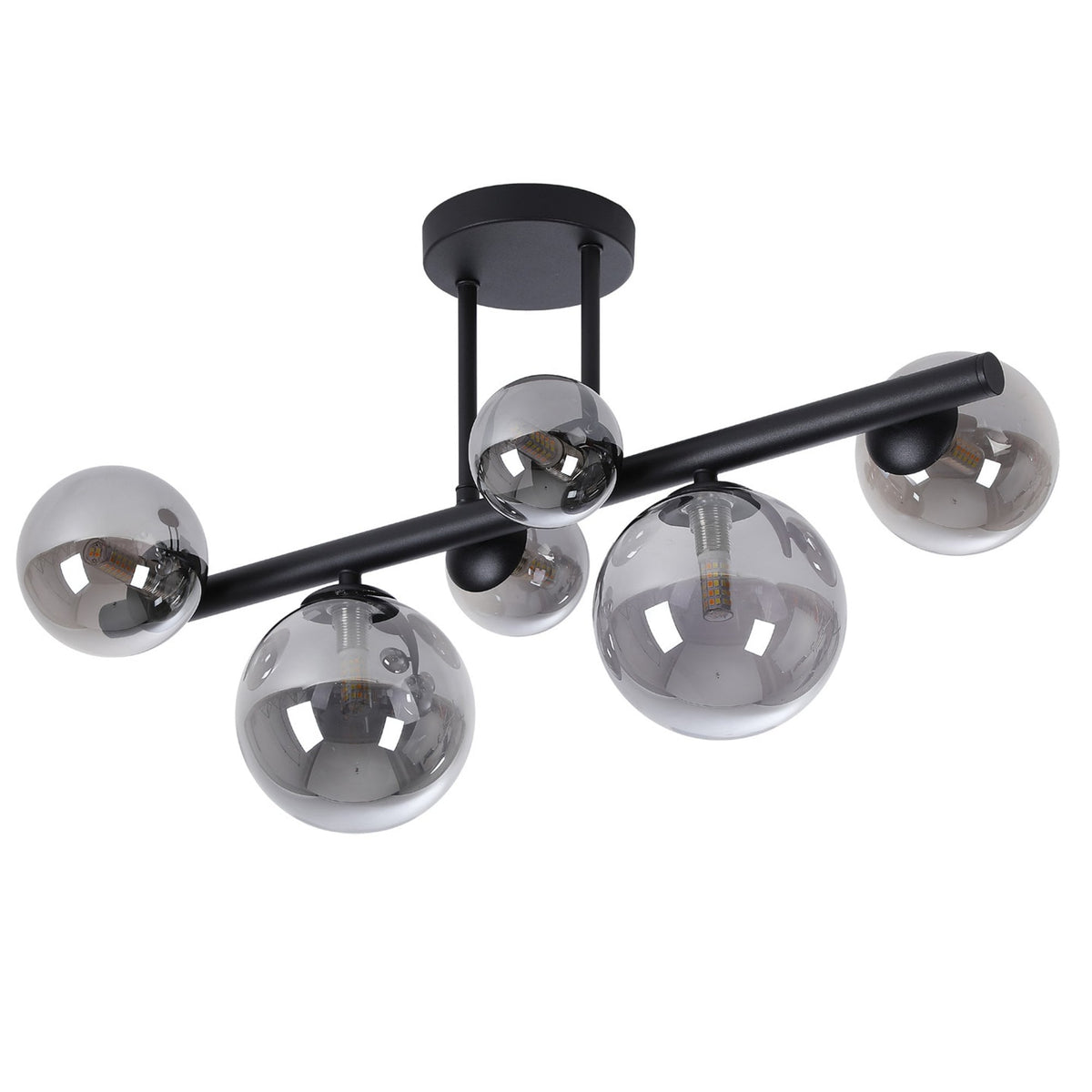 Shute 6lt Semi Flush Ceiling Light in Satin Black & Smoked Plated Glass