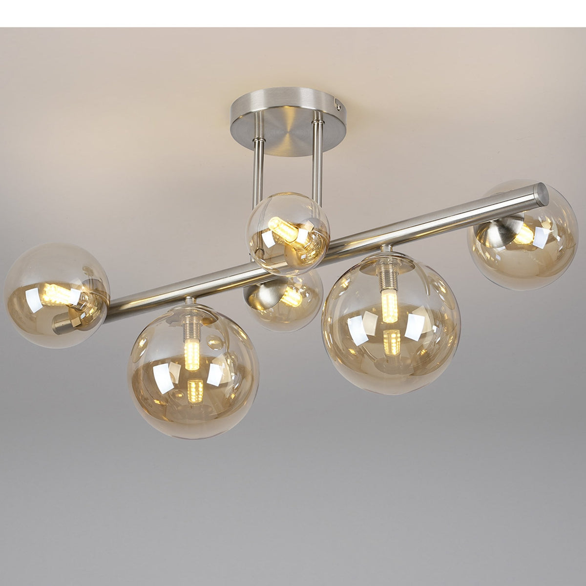 Shute 6lt Semi Flush Ceiling Light in Satin Nickel & Amber Plated Glass
