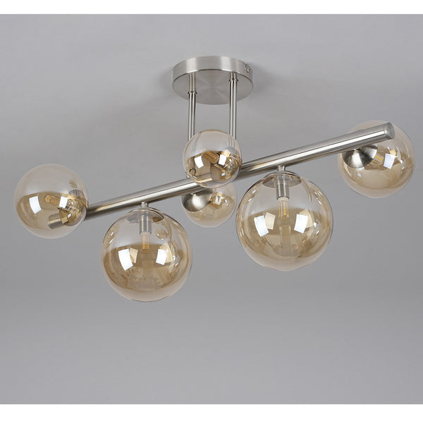 Shute 6lt Semi Flush Ceiling Light in Satin Nickel & Amber Plated Glass