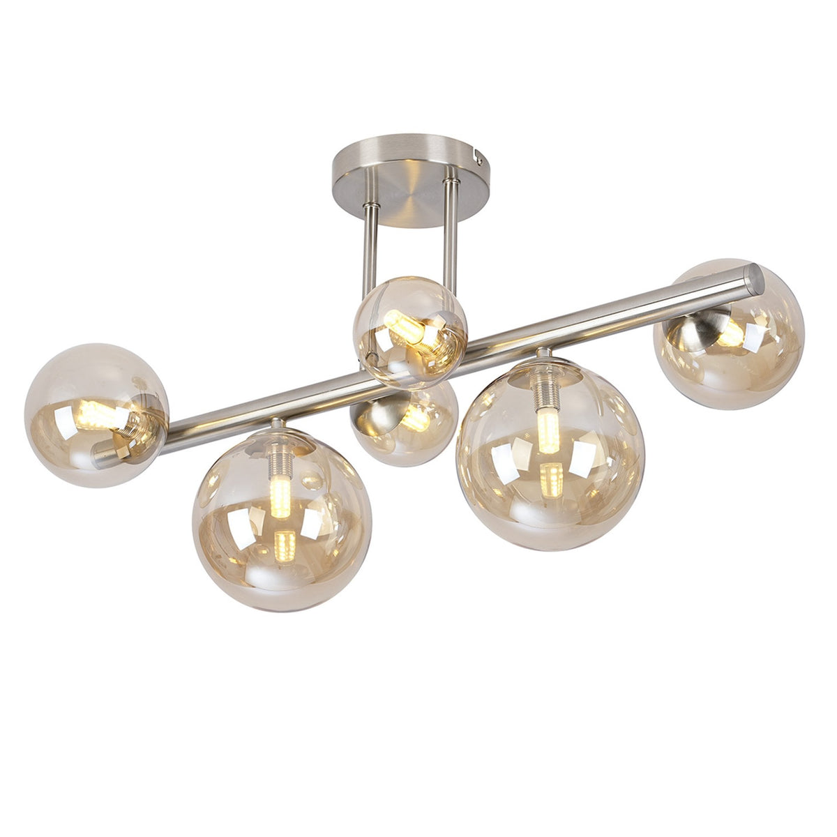 Shute 6lt Semi Flush Ceiling Light in Satin Nickel & Amber Plated Glass