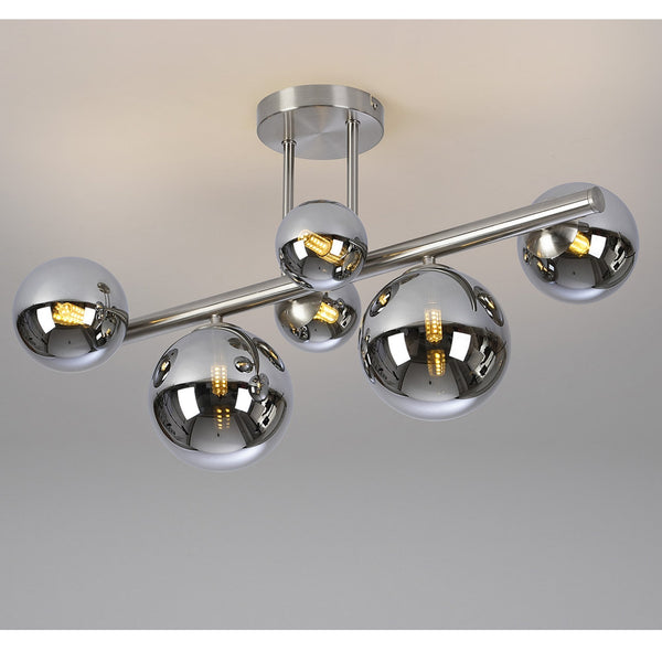 Shute 6lt Semi Flush Ceiling Light in Satin Nickel & Chrome Plated Glass