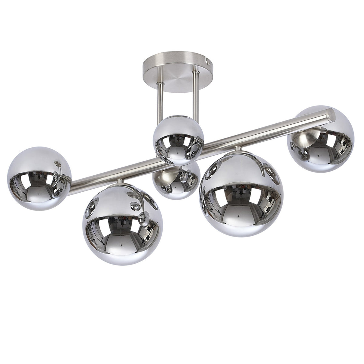 Shute 6lt Semi Flush Ceiling Light in Satin Nickel & Chrome Plated Glass