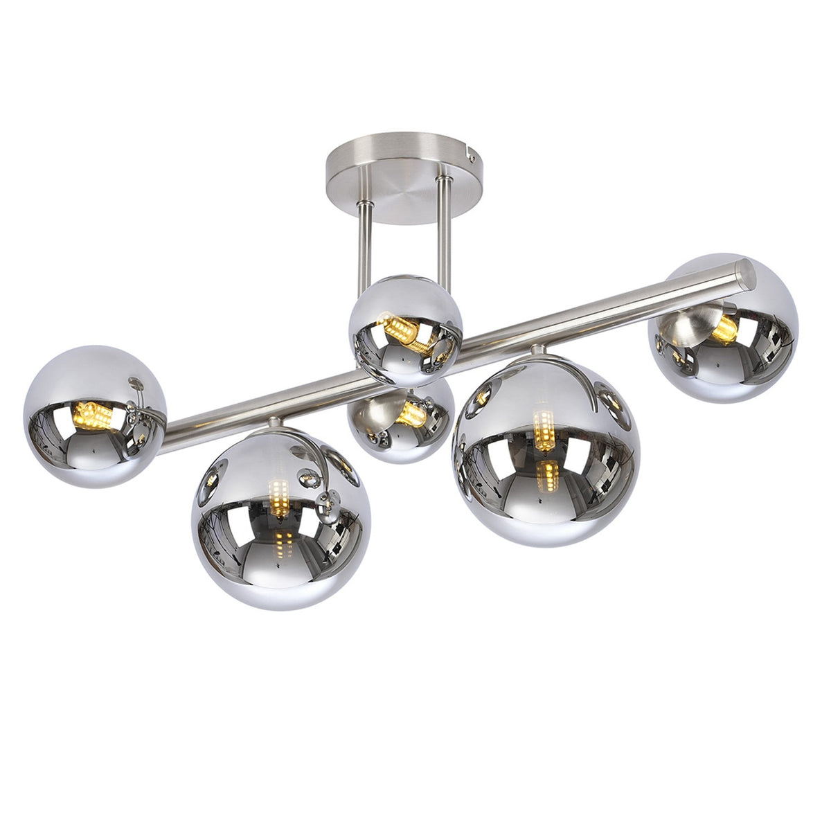 Shute 6lt Semi Flush Ceiling Light in Satin Nickel & Chrome Plated Glass