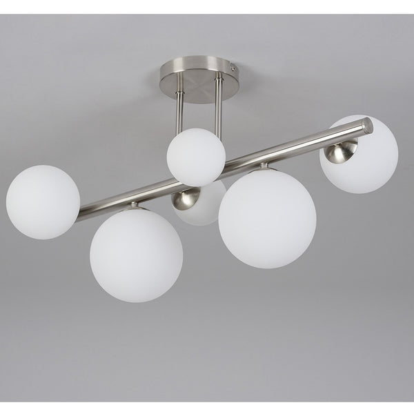 Shute 6lt Semi Flush Ceiling Light in Satin Nickel & Opal Glass
