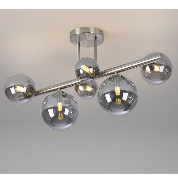 Shute 6lt Semi Flush Ceiling Light in Satin Nickel & Smoked Plated Glass