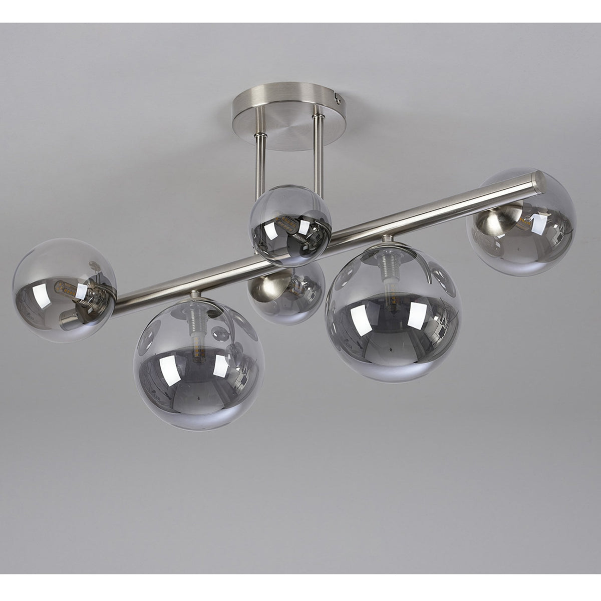 Shute 6lt Semi Flush Ceiling Light in Satin Nickel & Smoked Plated Glass