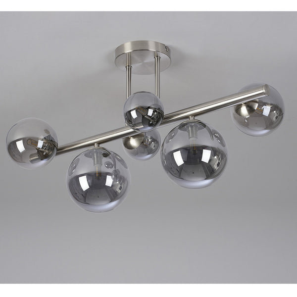Shute 6lt Semi Flush Ceiling Light in Satin Nickel & Smoked Plated Glass