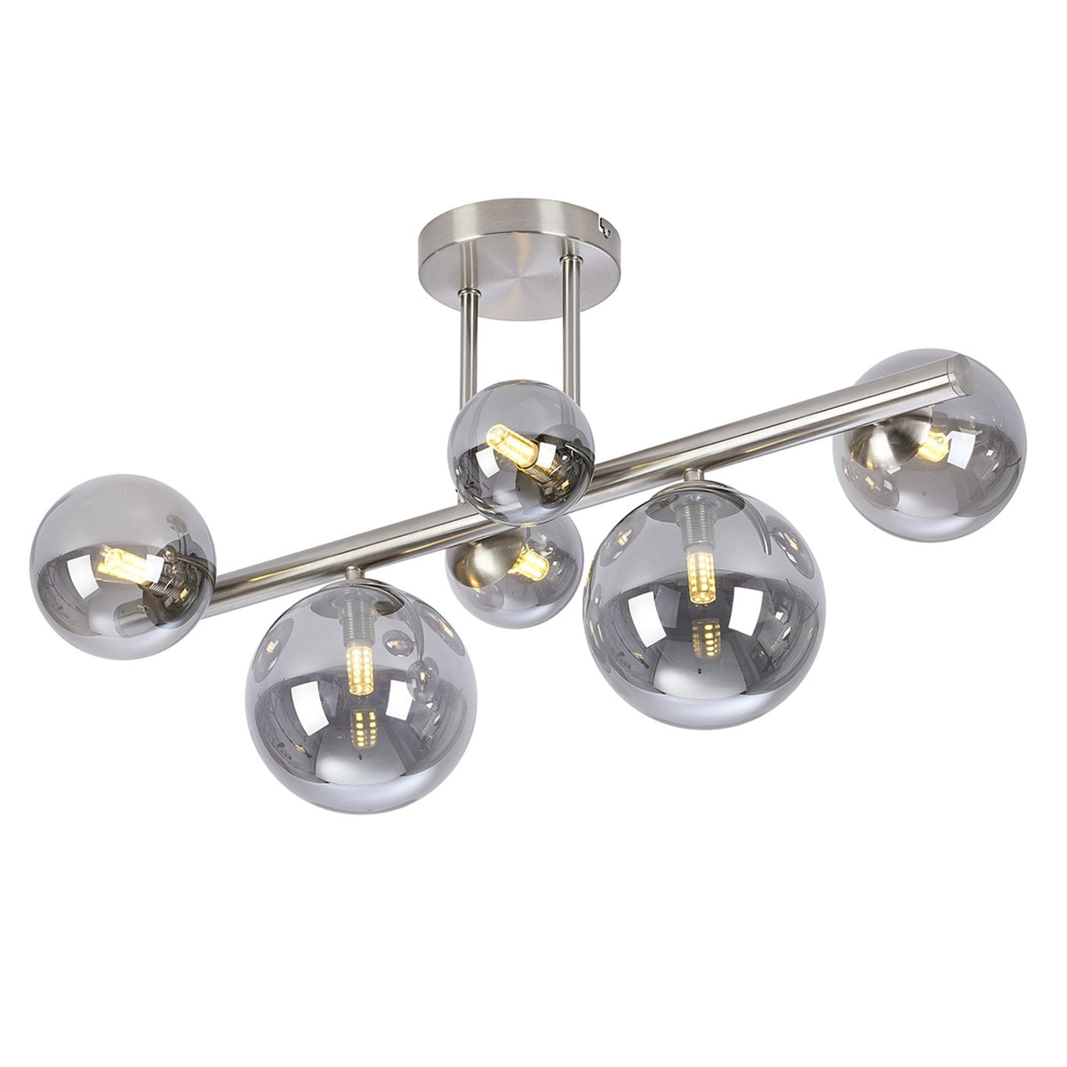 Shute 6lt Semi Flush Ceiling Light in Satin Nickel & Smoked Plated Glass
