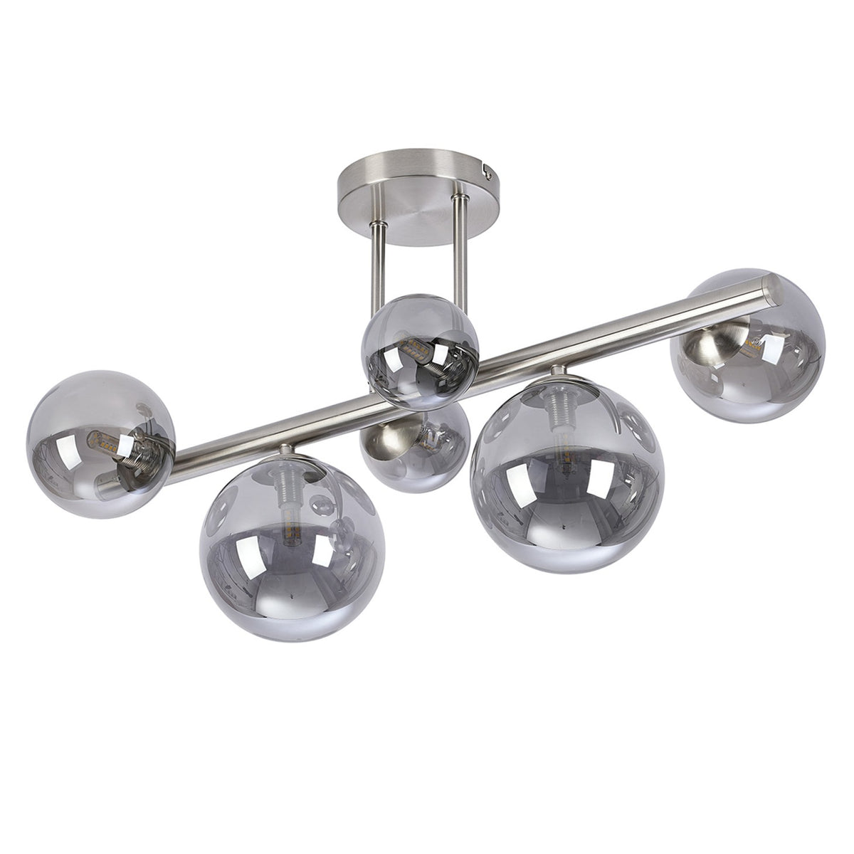 Shute 6lt Semi Flush Ceiling Light in Satin Nickel & Smoked Plated Glass