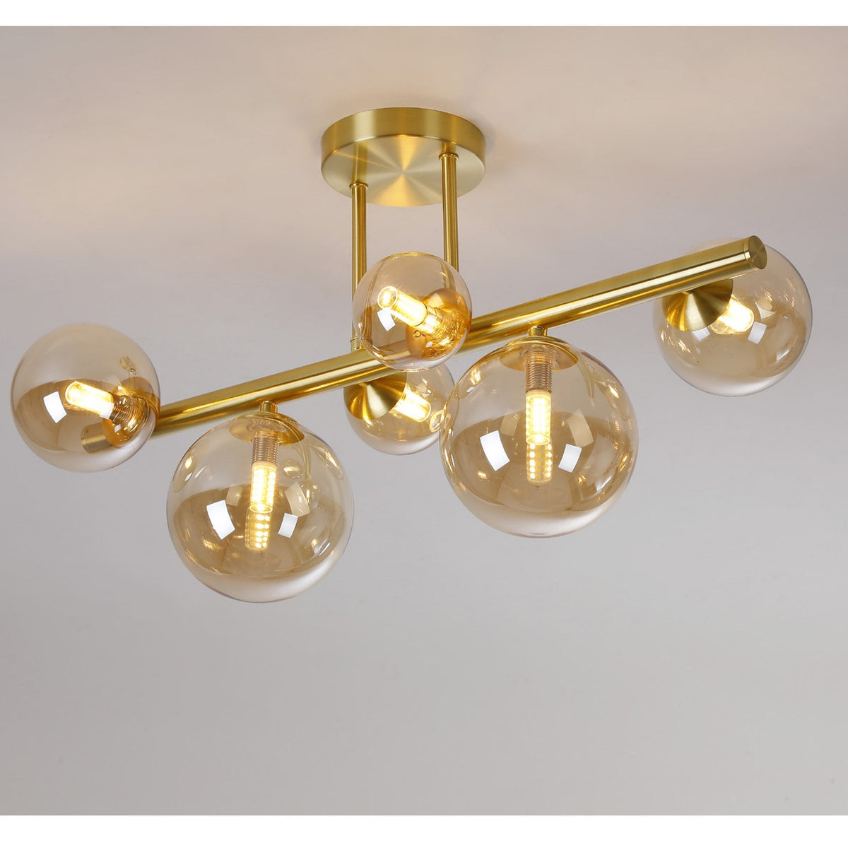 Shute 6lt Semi Flush Ceiling Light in Satin Gold & Amber Plated Glass