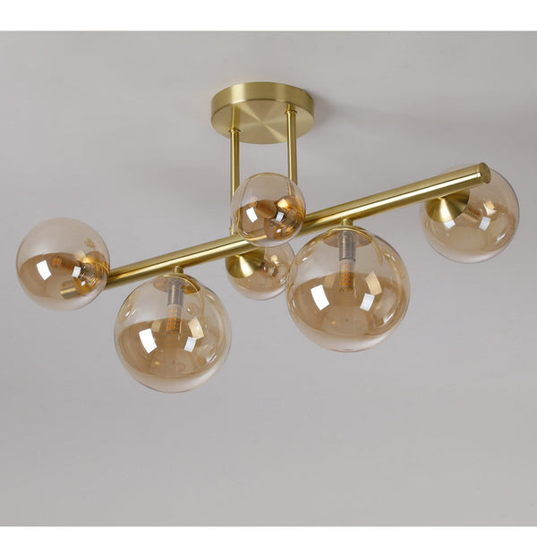 Shute 6lt Semi Flush Ceiling Light in Satin Gold & Amber Plated Glass