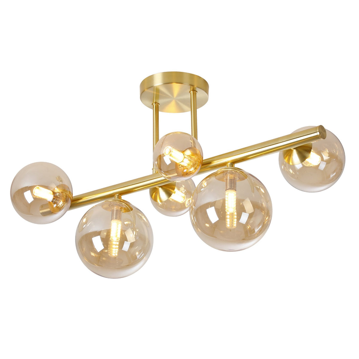 Shute 6lt Semi Flush Ceiling Light in Satin Gold & Amber Plated Glass