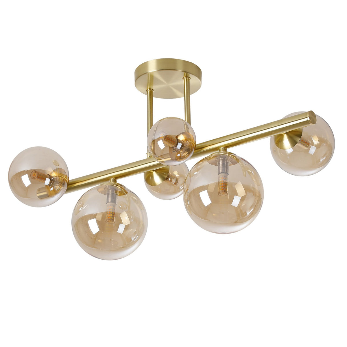 Shute 6lt Semi Flush Ceiling Light in Satin Gold & Amber Plated Glass
