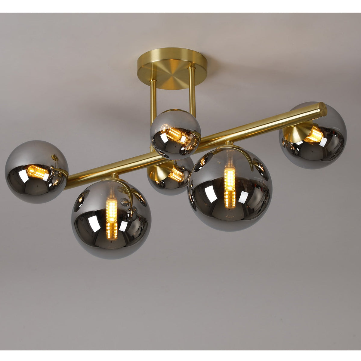 Shute 6lt Semi Flush Ceiling Light in Satin Gold & Chrome Plated Glass