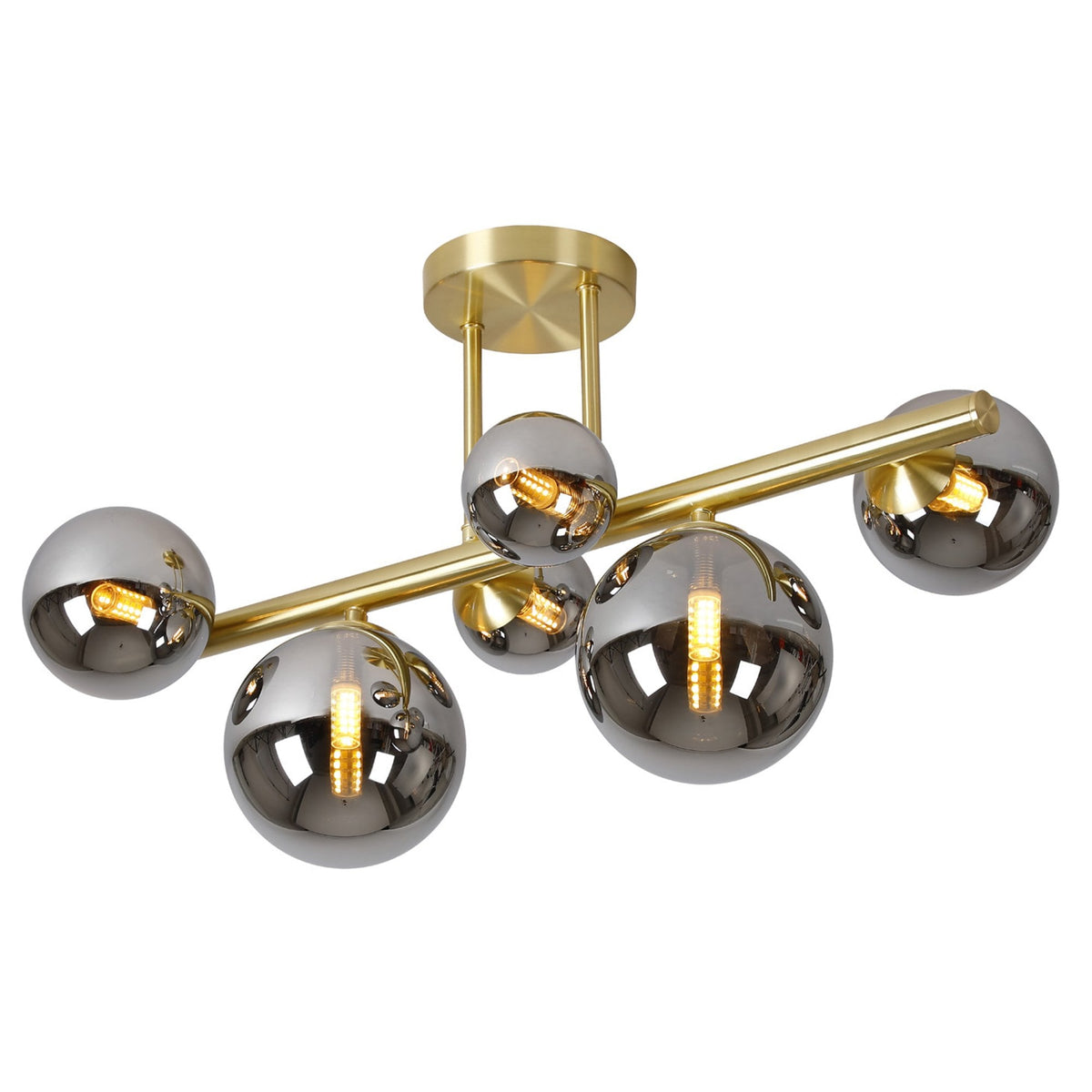 Shute 6lt Semi Flush Ceiling Light in Satin Gold & Chrome Plated Glass