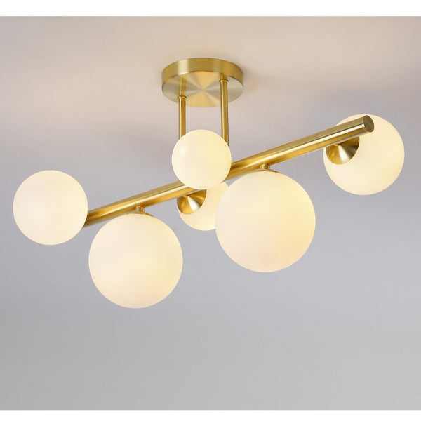 Shute 6lt Semi Flush Ceiling Light in Satin Gold & Opal Glass