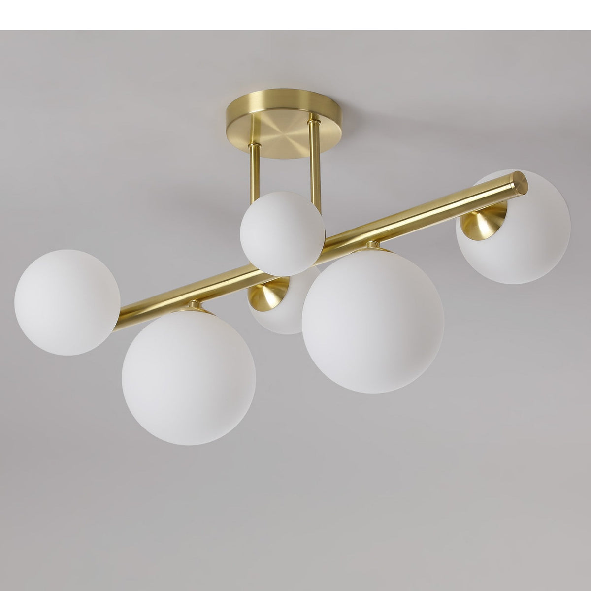 Shute 6lt Semi Flush Ceiling Light in Satin Gold & Opal Glass