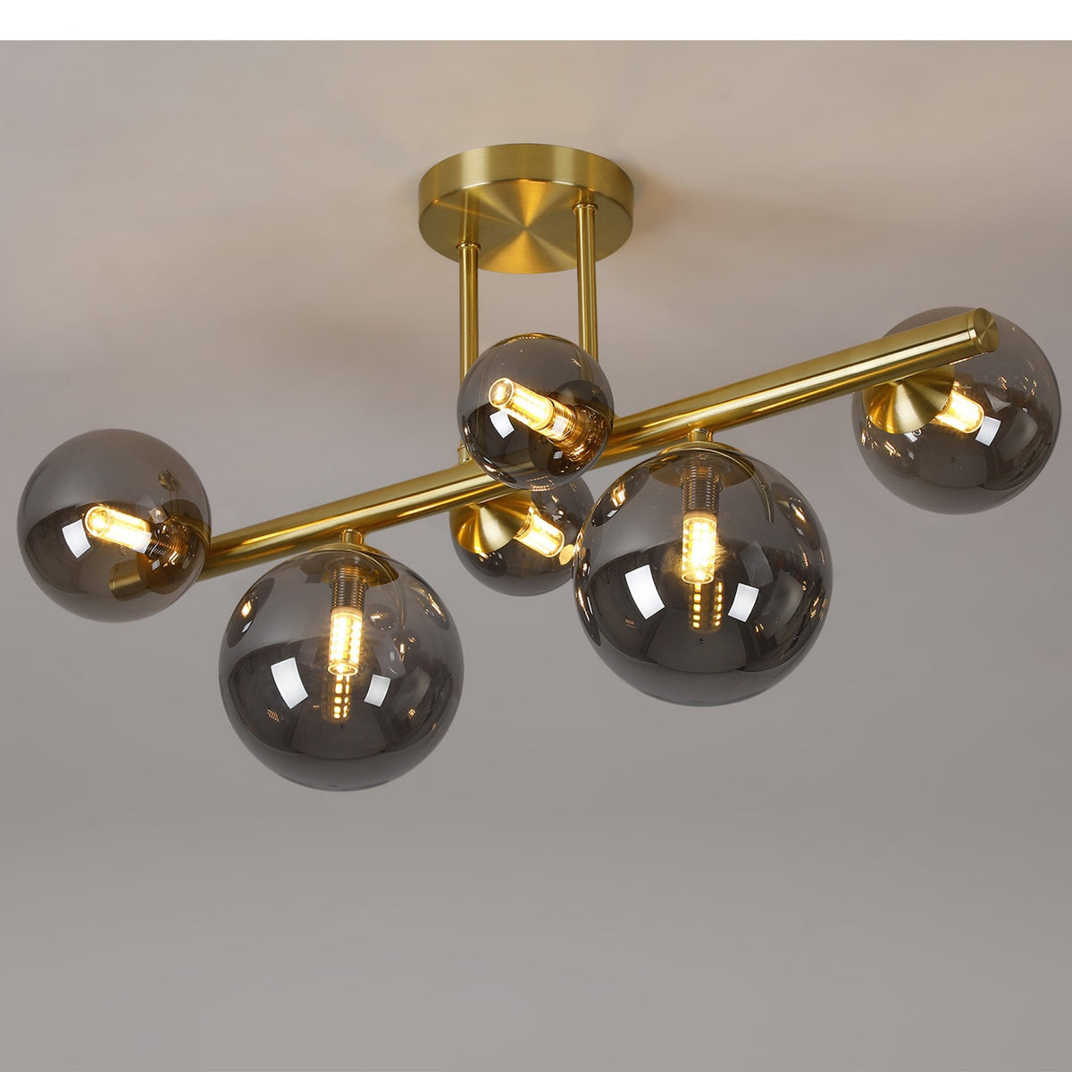 Shute 6lt Semi Flush Ceiling Light in Satin Gold & Smoked Plated Glass