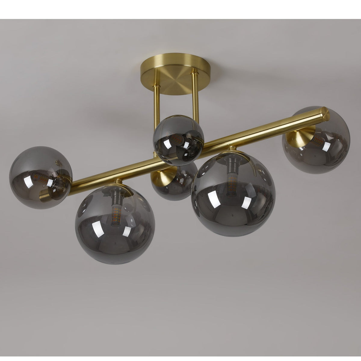 Shute 6lt Semi Flush Ceiling Light in Satin Gold & Smoked Plated Glass