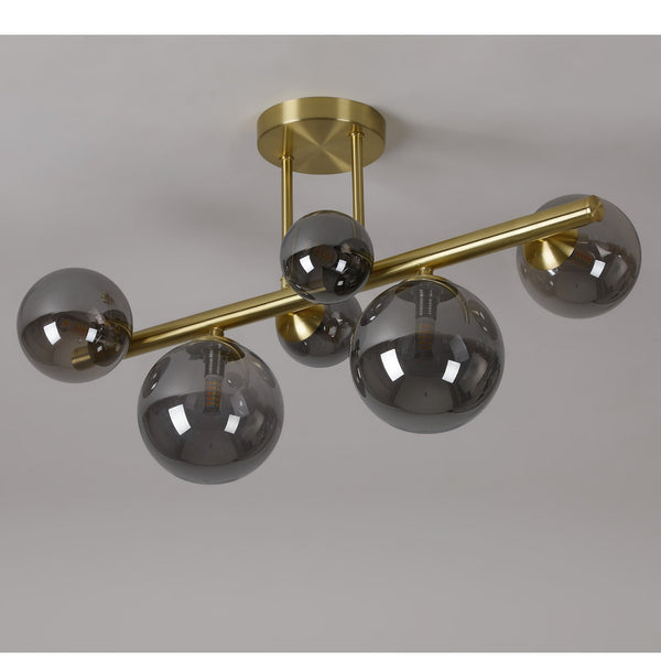 Shute 6lt Semi Flush Ceiling Light in Satin Gold & Smoked Plated Glass