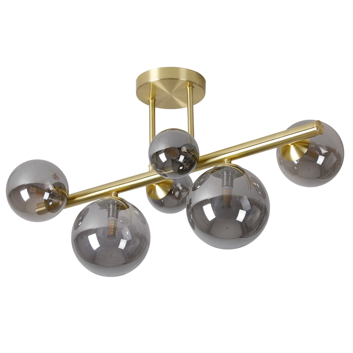 Shute 6lt Semi Flush Ceiling Light in Satin Gold & Smoked Plated Glass