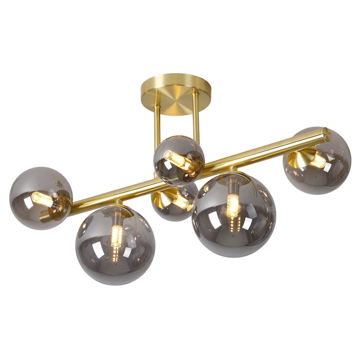 Shute 6lt Semi Flush Ceiling Light in Satin Gold & Smoked Plated Glass