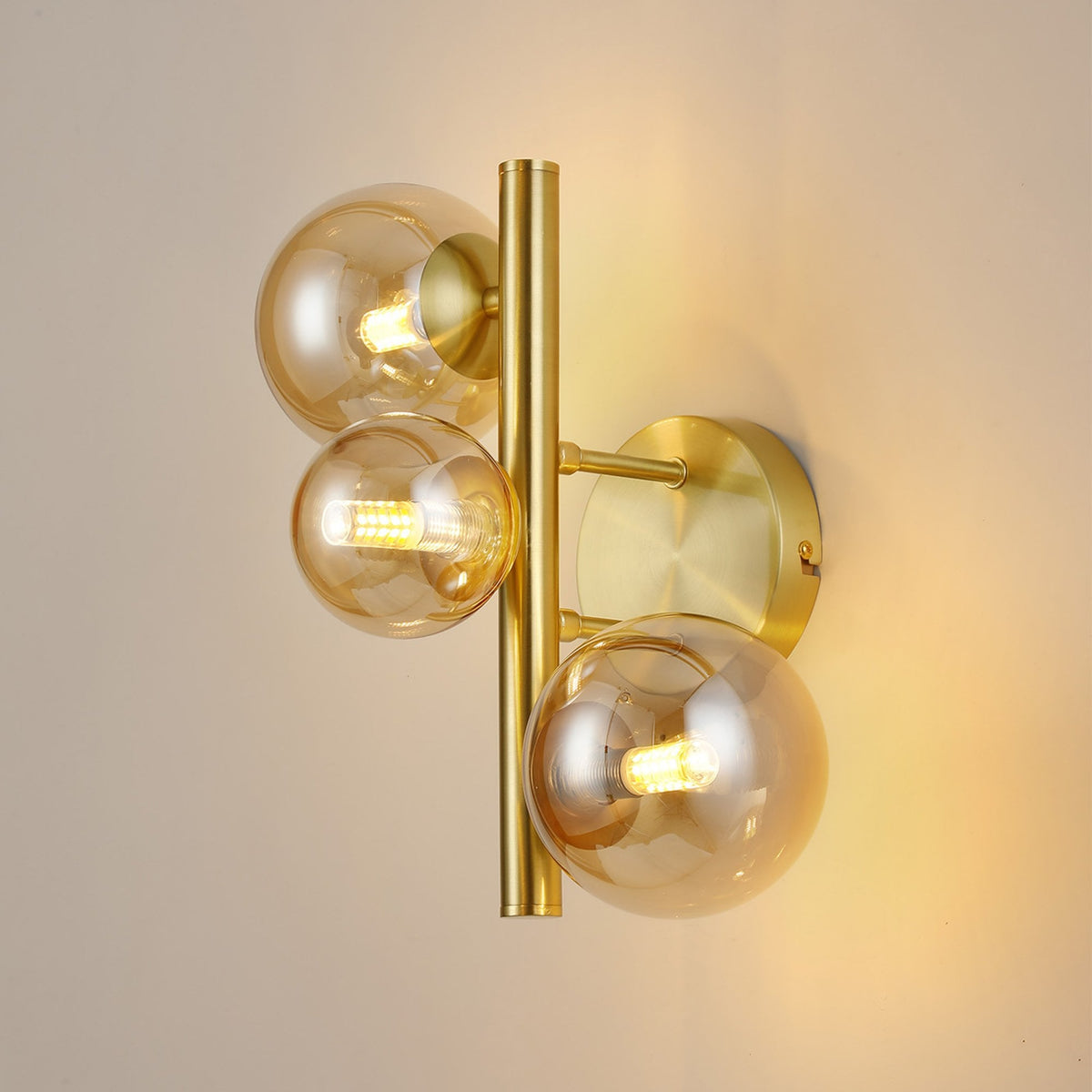 Shute 3lt Wall Light in Satin Gold & Amber Plated Glass