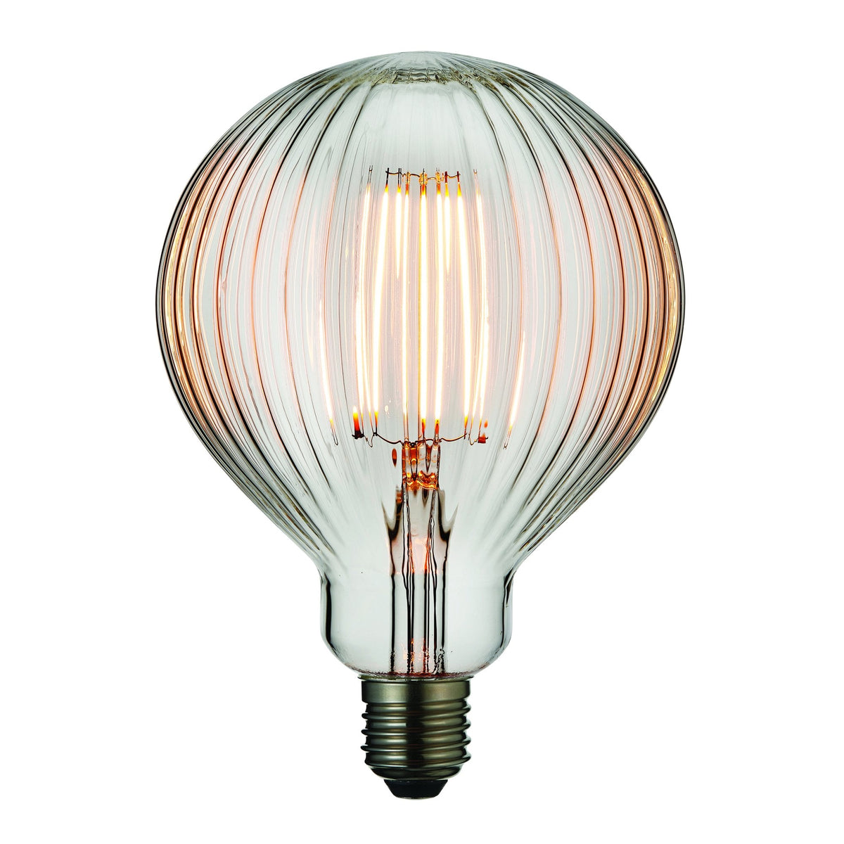 Clear, ribbed glass LED light bulb with a warm glow on a white background.