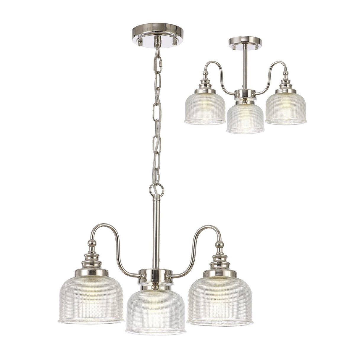 Stowford 3lt Pendant or Semi Flush Light in Polished Nickel & Clear Prismatic Glass
