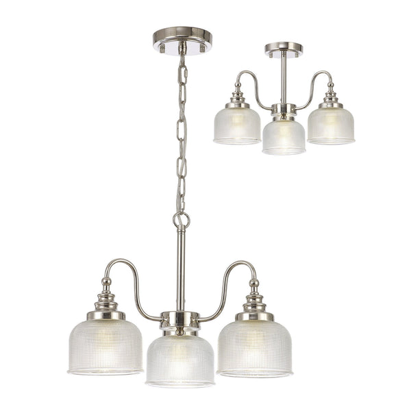 Stowford 3lt Pendant or Semi Flush Light in Polished Nickel & Clear Prismatic Glass