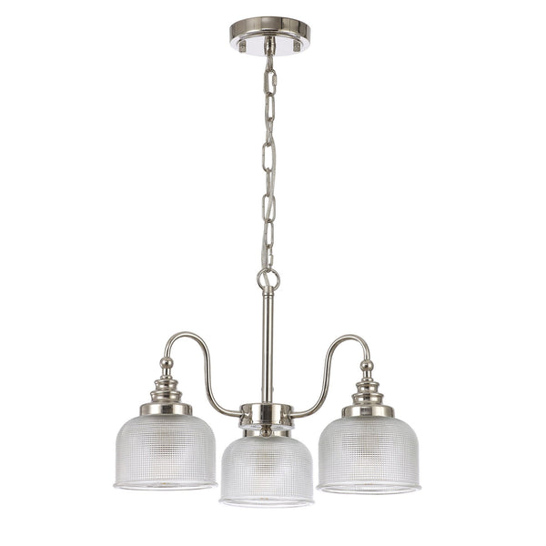 Stowford 3lt Pendant or Semi Flush Light in Polished Nickel & Clear Prismatic Glass
