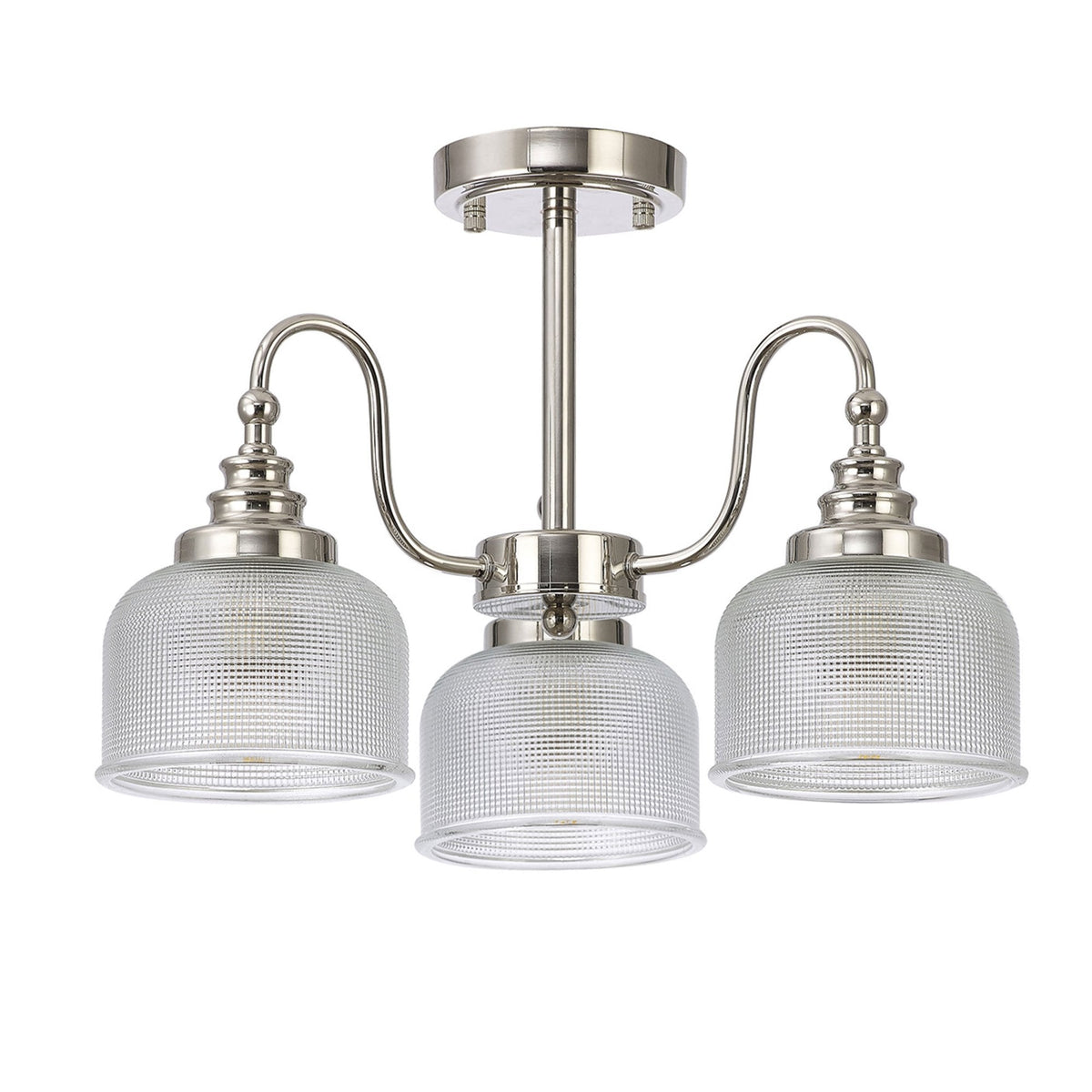 Stowford 3lt Pendant or Semi Flush Light in Polished Nickel & Clear Prismatic Glass