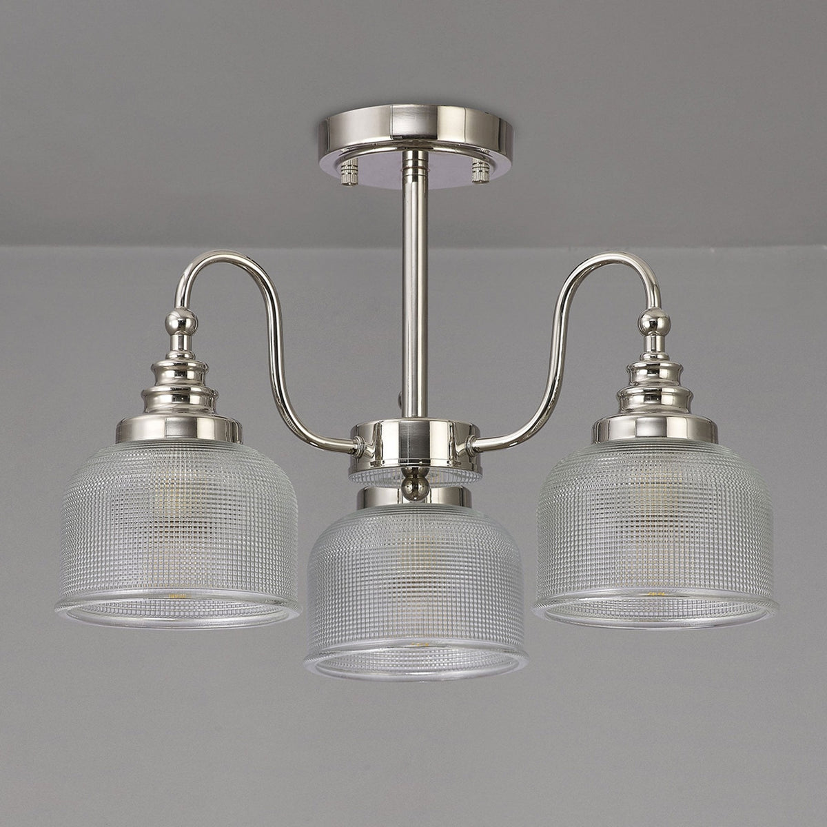 Stowford 3lt Pendant or Semi Flush Light in Polished Nickel & Clear Prismatic Glass