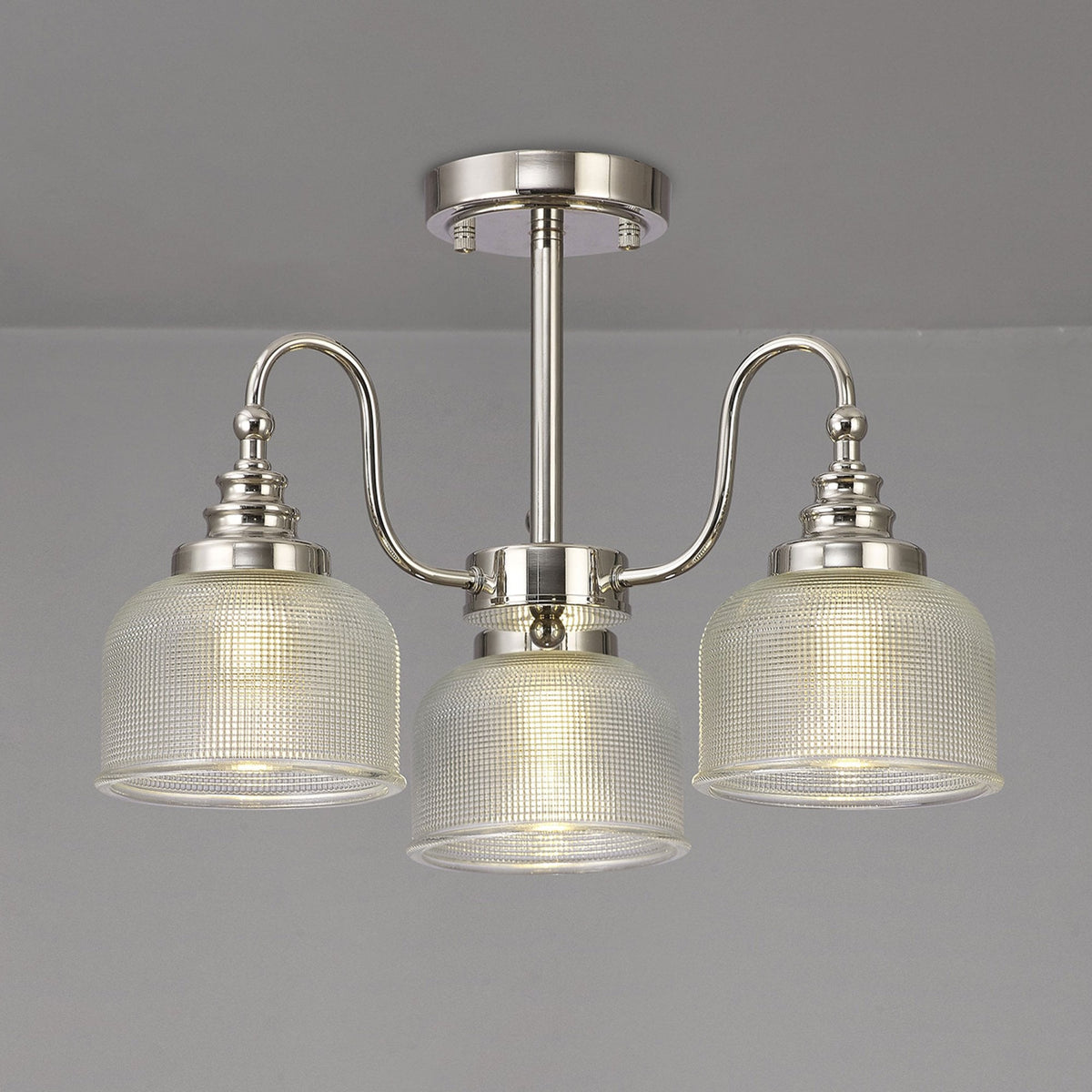 Stowford 3lt Pendant or Semi Flush Light in Polished Nickel & Clear Prismatic Glass