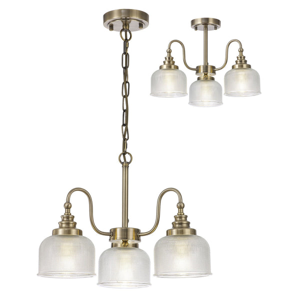 Stowford 3lt Pendant or Semi Flush Light in Antique Brass & Clear Prismatic Glass