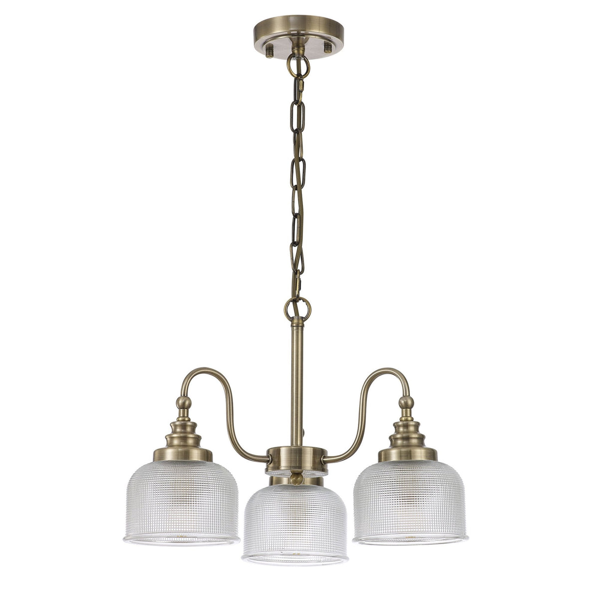 Stowford 3lt Pendant or Semi Flush Light in Antique Brass & Clear Prismatic Glass
