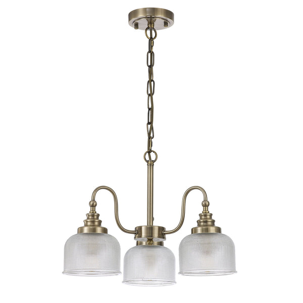 Stowford 3lt Pendant or Semi Flush Light in Antique Brass & Clear Prismatic Glass