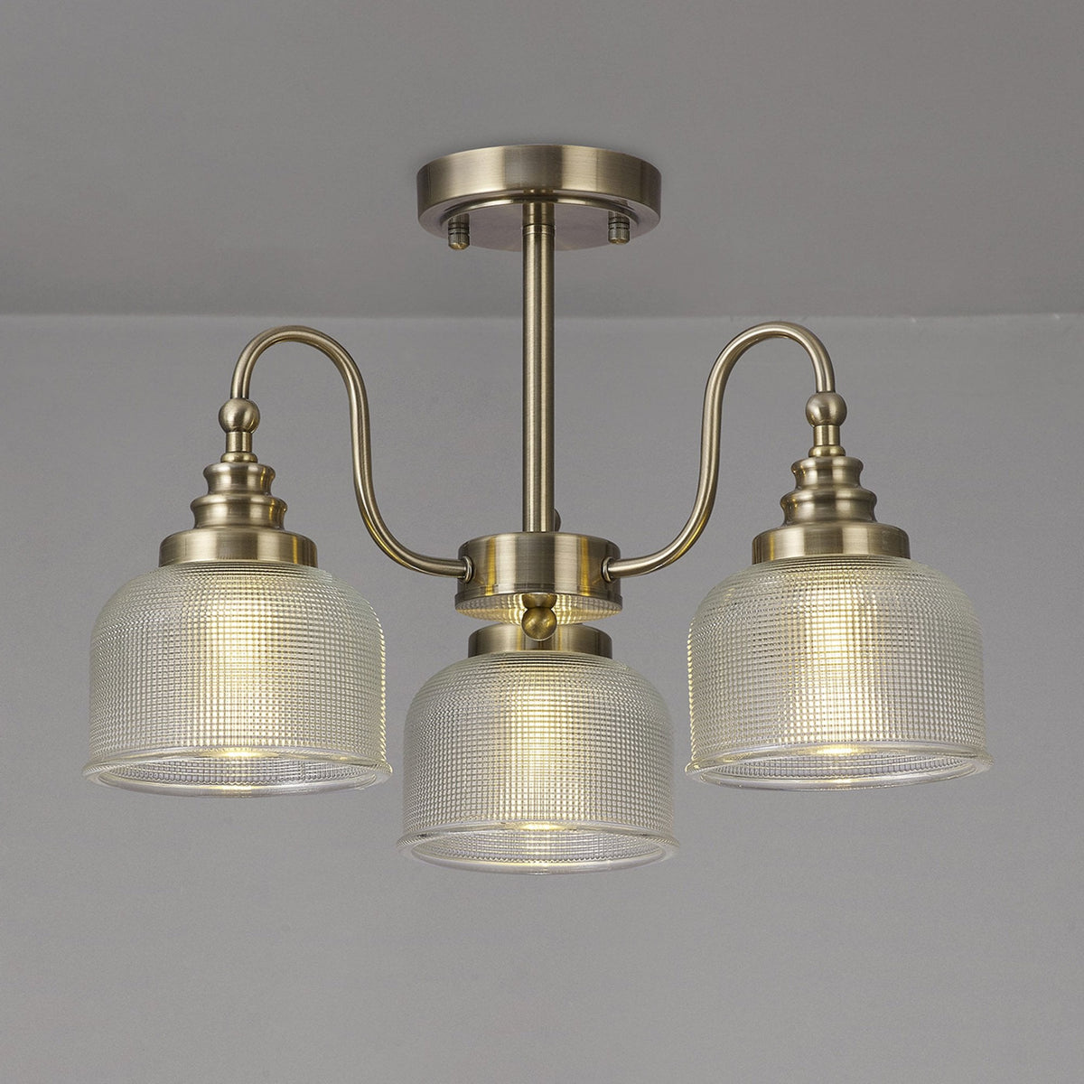 Stowford 3lt Pendant or Semi Flush Light in Antique Brass & Clear Prismatic Glass