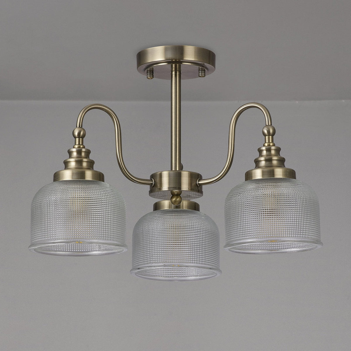 Stowford 3lt Pendant or Semi Flush Light in Antique Brass & Clear Prismatic Glass