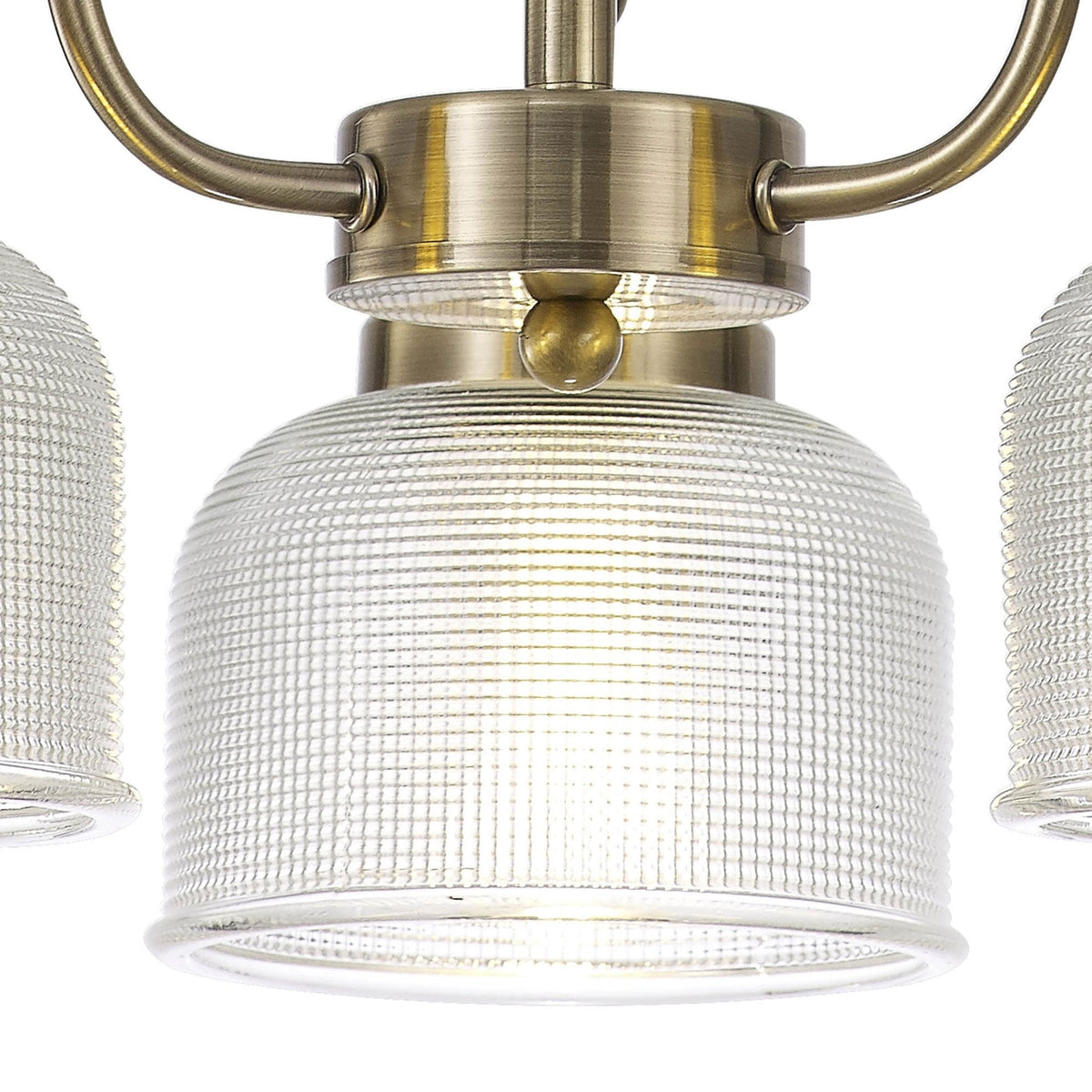 Stowford 3lt Pendant or Semi Flush Light in Antique Brass & Clear Prismatic Glass