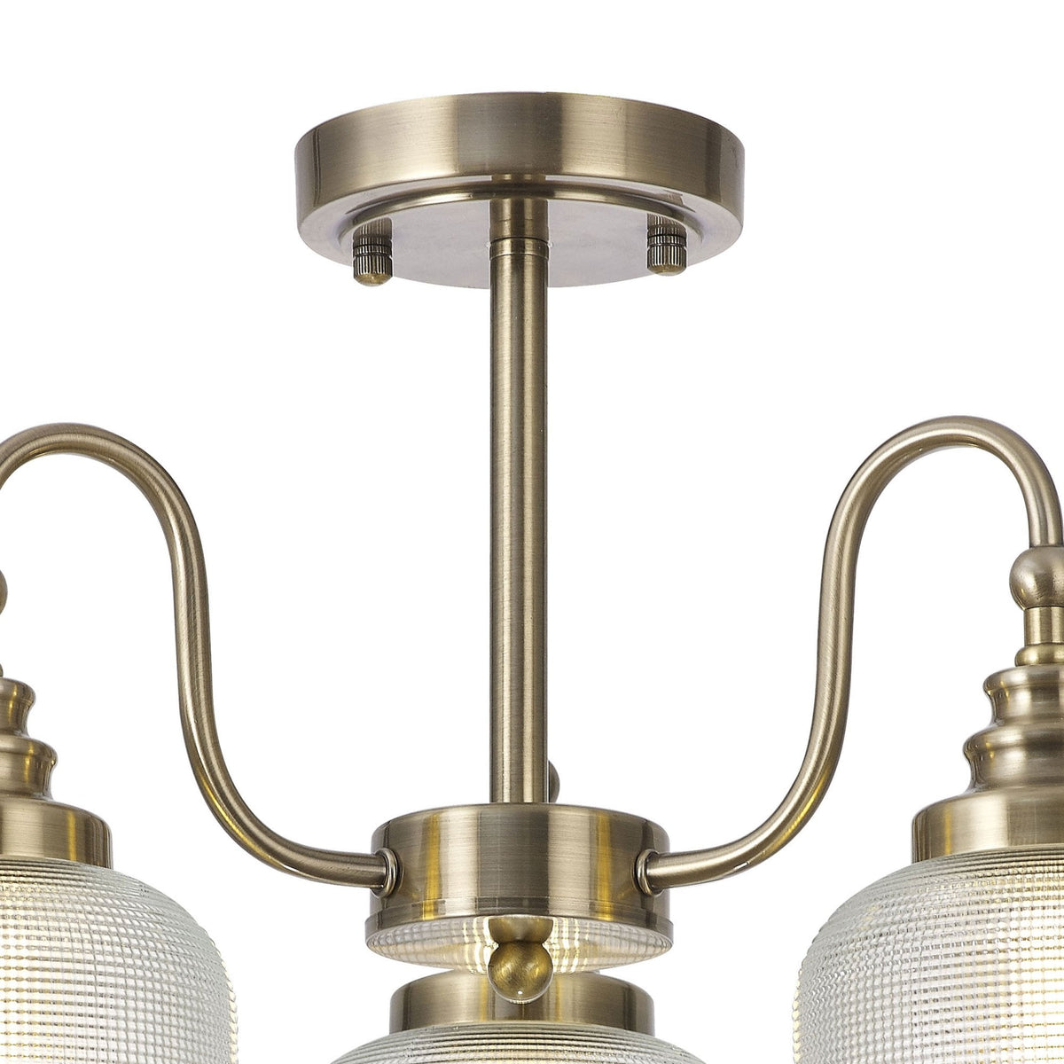 Stowford 3lt Pendant or Semi Flush Light in Antique Brass & Clear Prismatic Glass