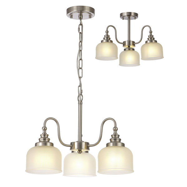Stowford 3lt Pendant or Semi Flush Light in Satin Nickel & Frosted Prismatic Glass