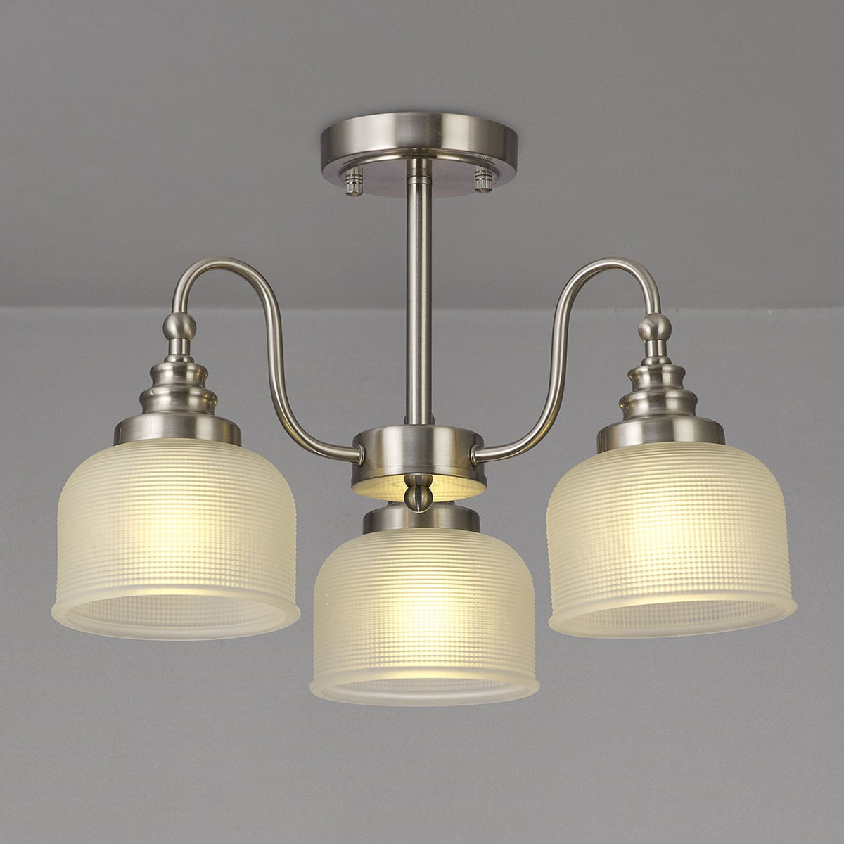 Stowford 3lt Pendant or Semi Flush Light in Satin Nickel & Frosted Prismatic Glass