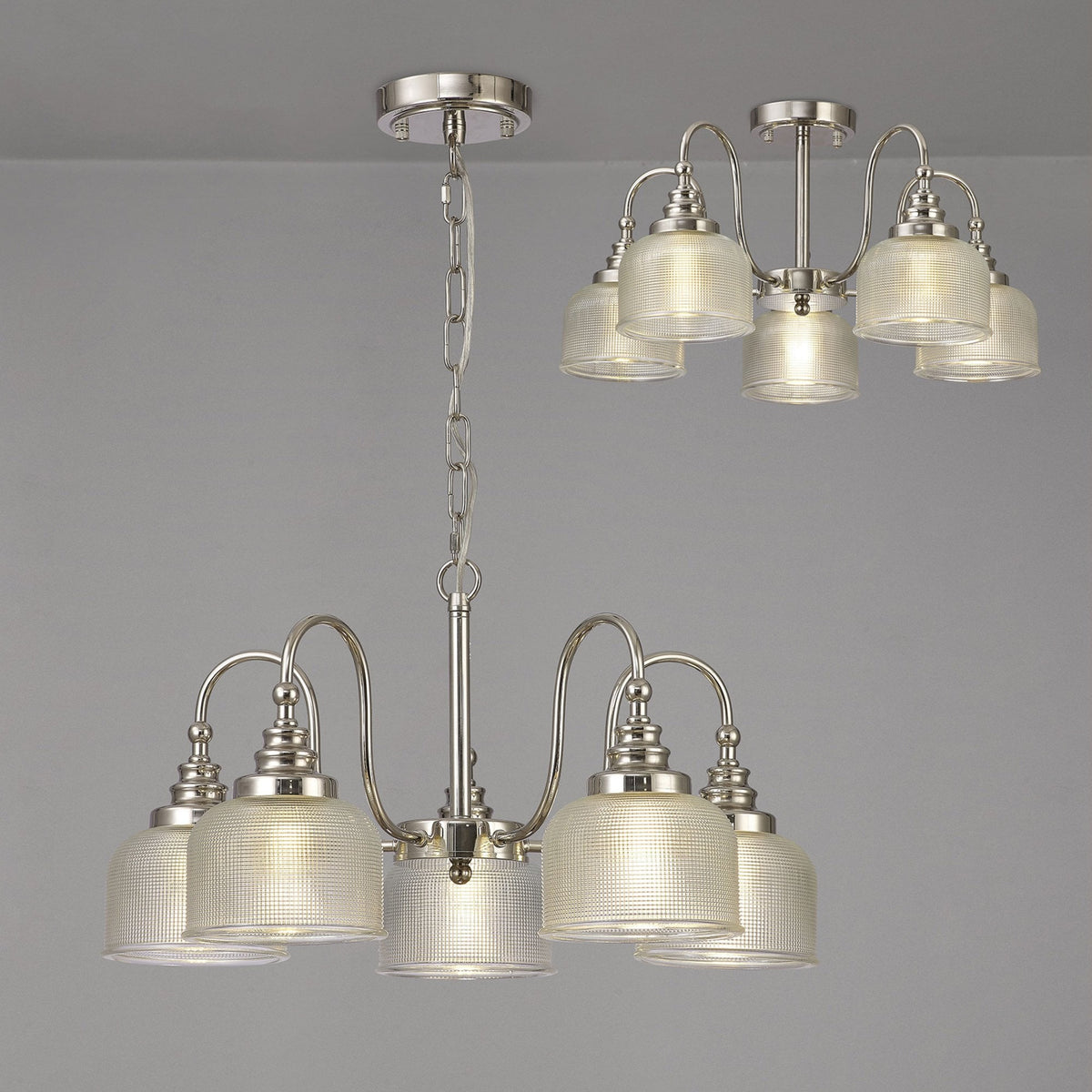 Stowford 5lt Pendant or Semi Flush Light Polished Nickel & Clear Prismatic Glass