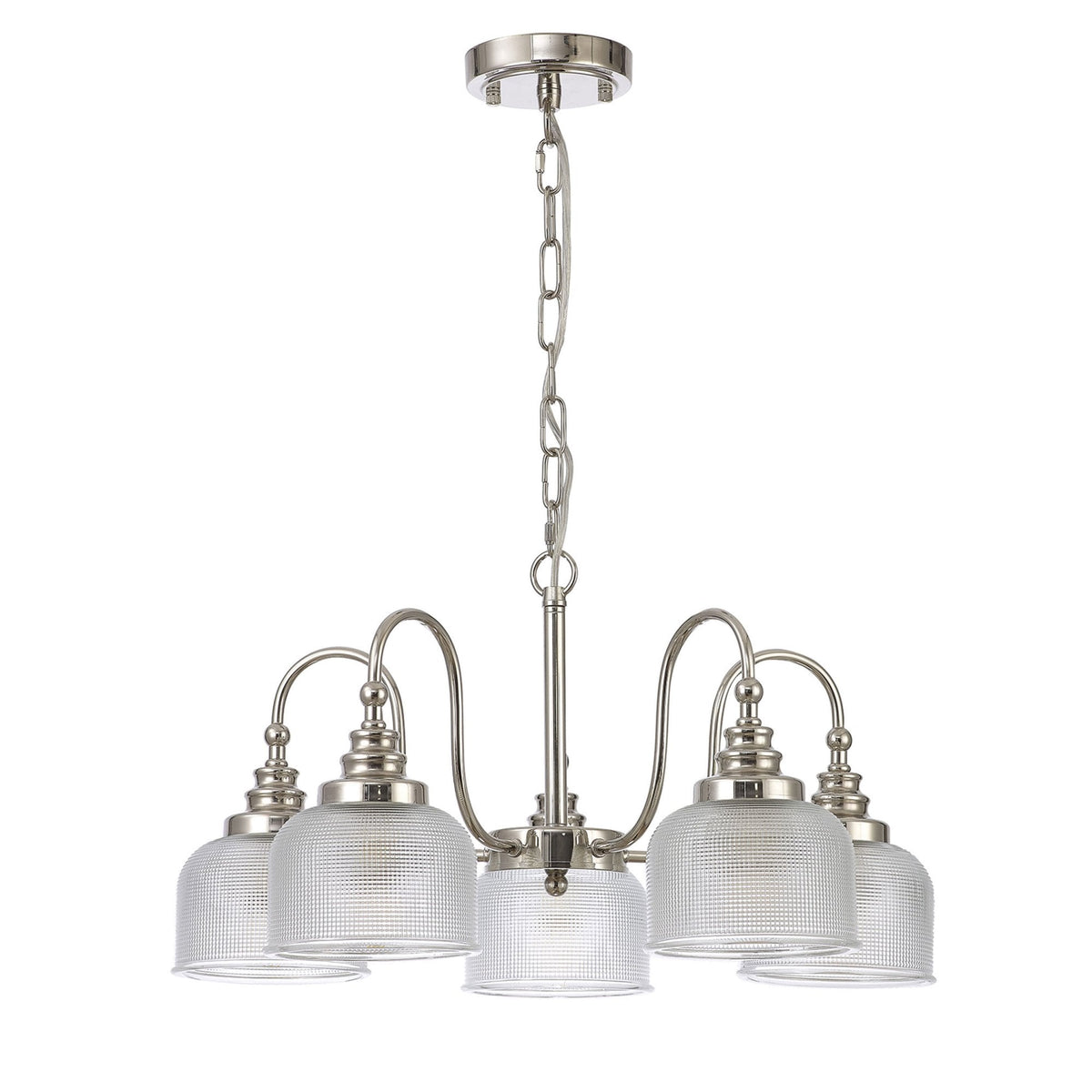 Stowford 5lt Pendant or Semi Flush Light in Polished Nickel & Clear Prismatic Glass