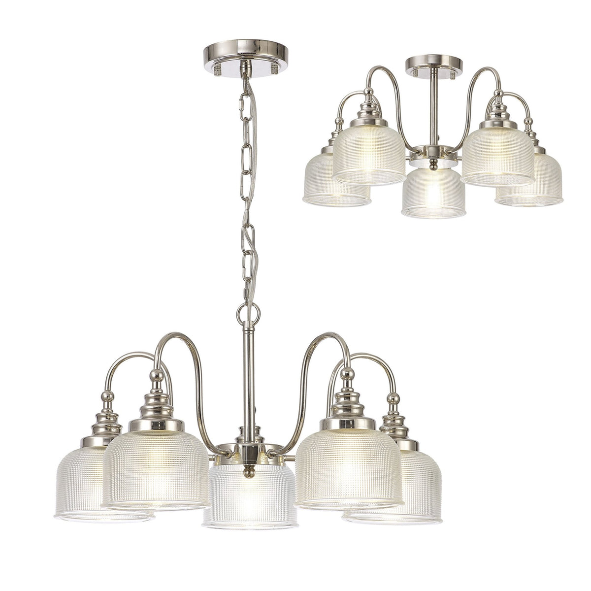 Stowford 5lt Pendant or Semi Flush Light in Polished Nickel & Clear Prismatic Glass