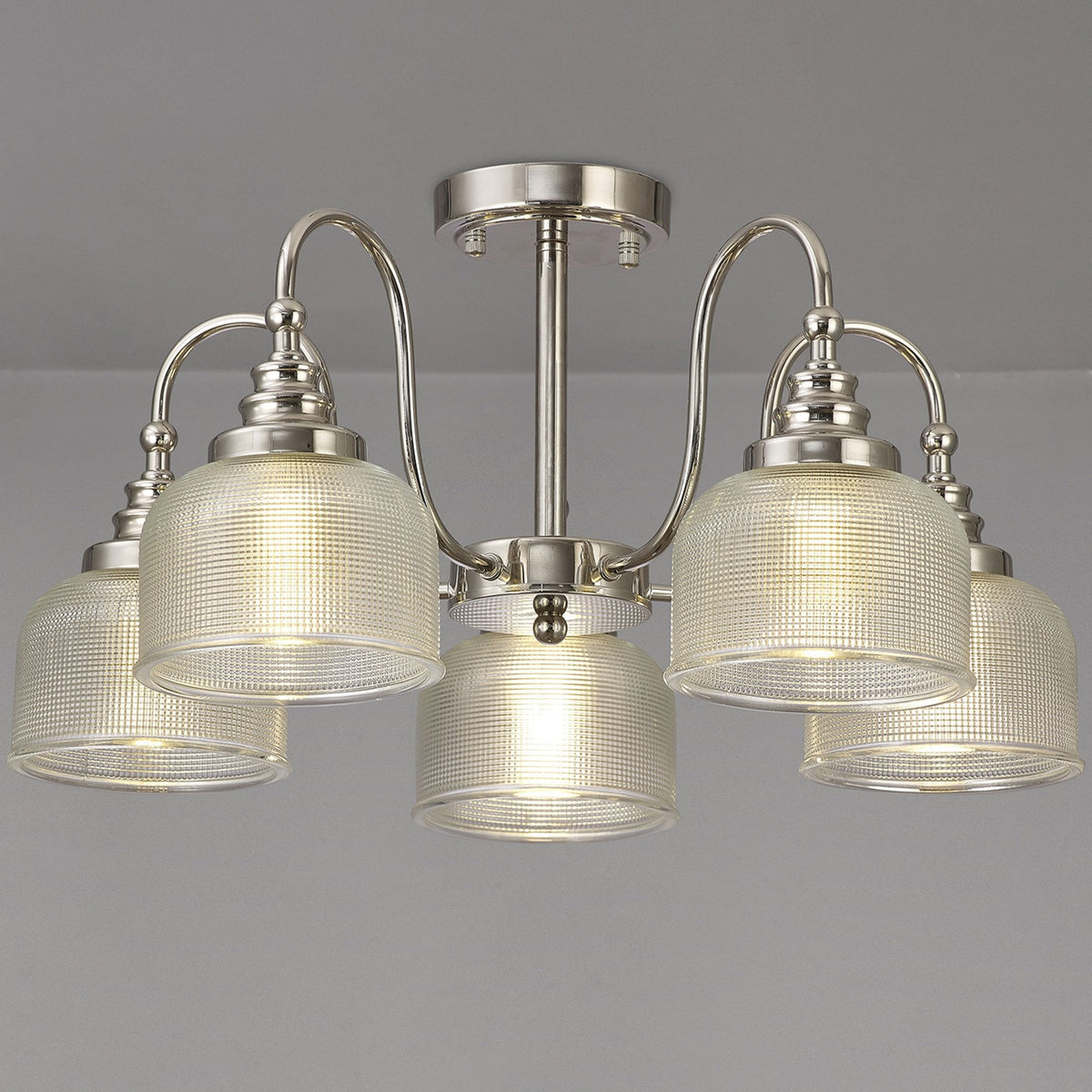 Stowford 5lt Pendant or Semi Flush Light in Polished Nickel & Clear Prismatic Glass