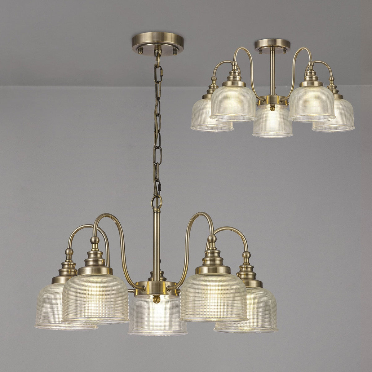 Stowford 5lt Pendant or Semi Flush Light in Antique Brass & Clear Prismatic Glass